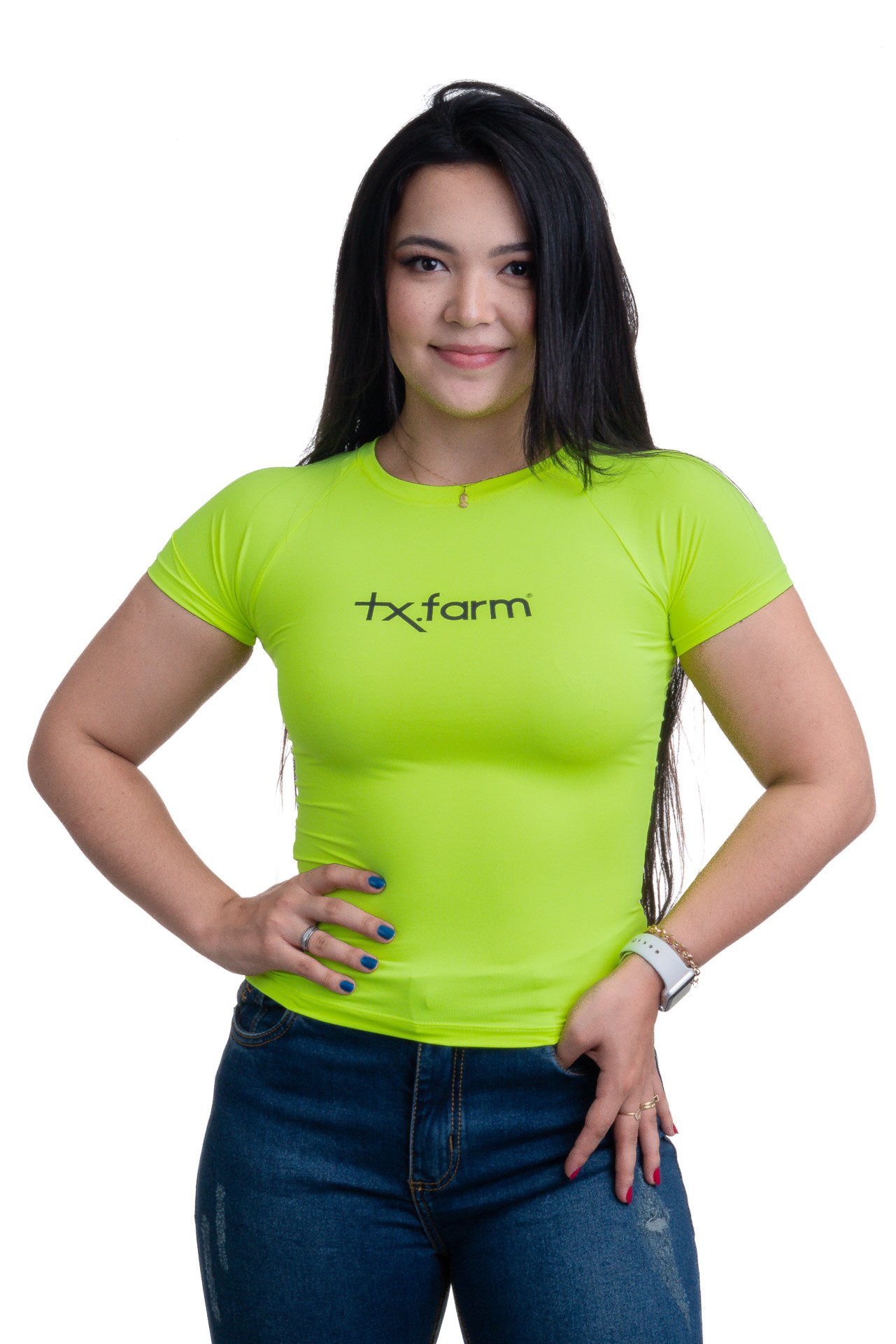 RASH GUARD UV50+ FEMININA TEXAS FARM - RGF001 - AMARELO NEON/ PRETO