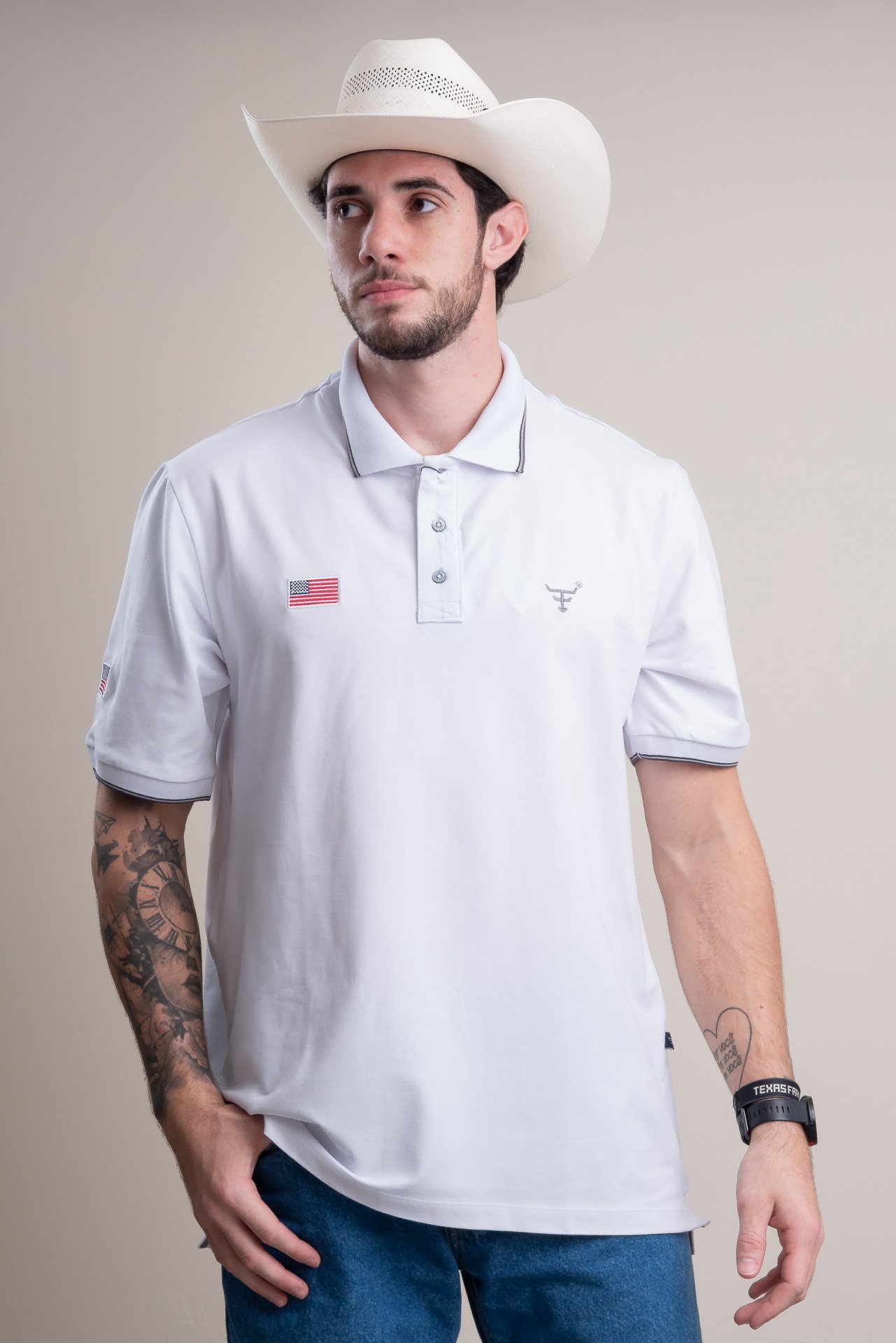 CAMISA POLO MASCULINA TEXAS FARM - CPM012 - DO XG AO G2 - BRANCO