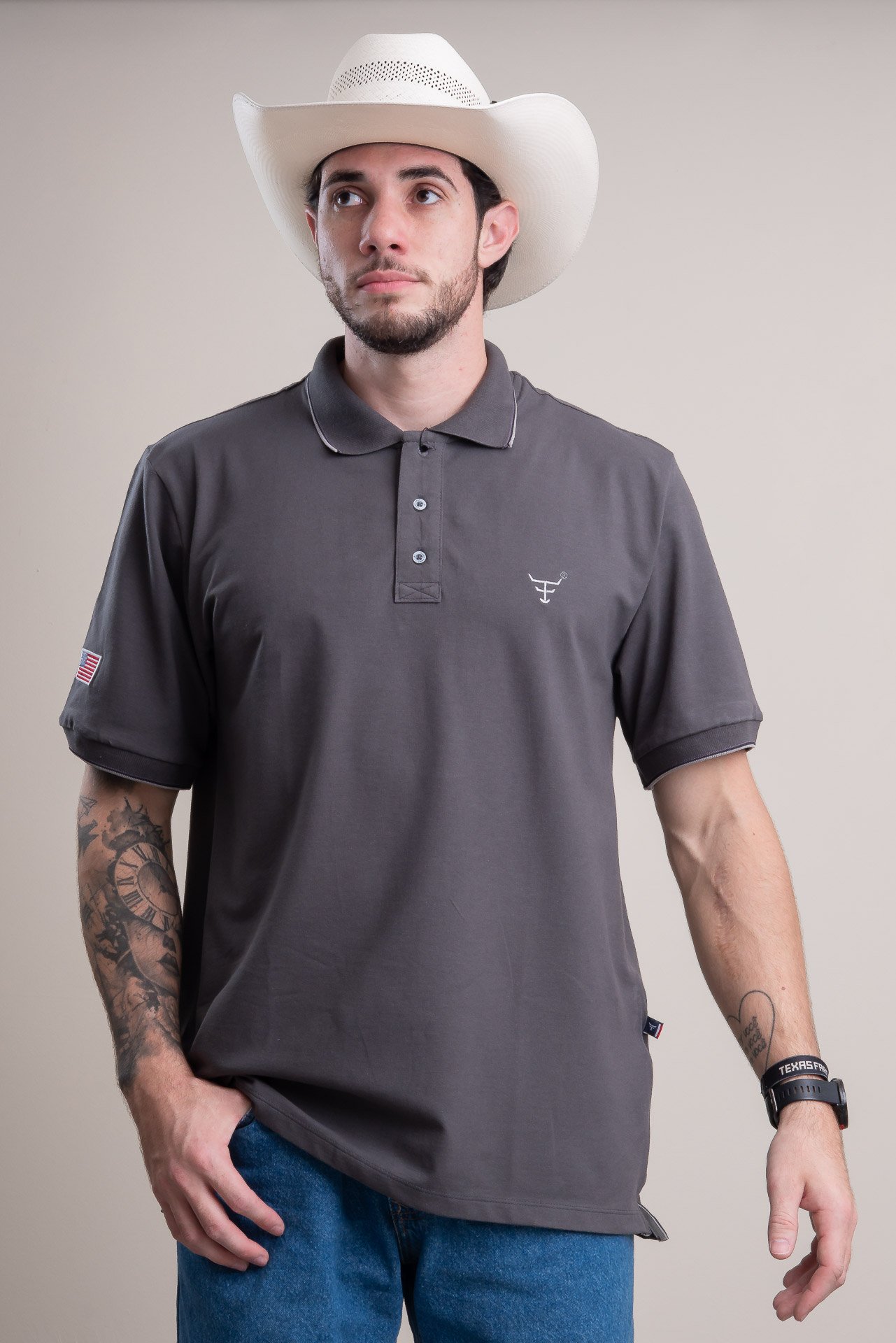 CAMISA POLO MASCULINA TEXAS FARM - CPM012 - DO XG AO G2 - CINZA CHUMBO