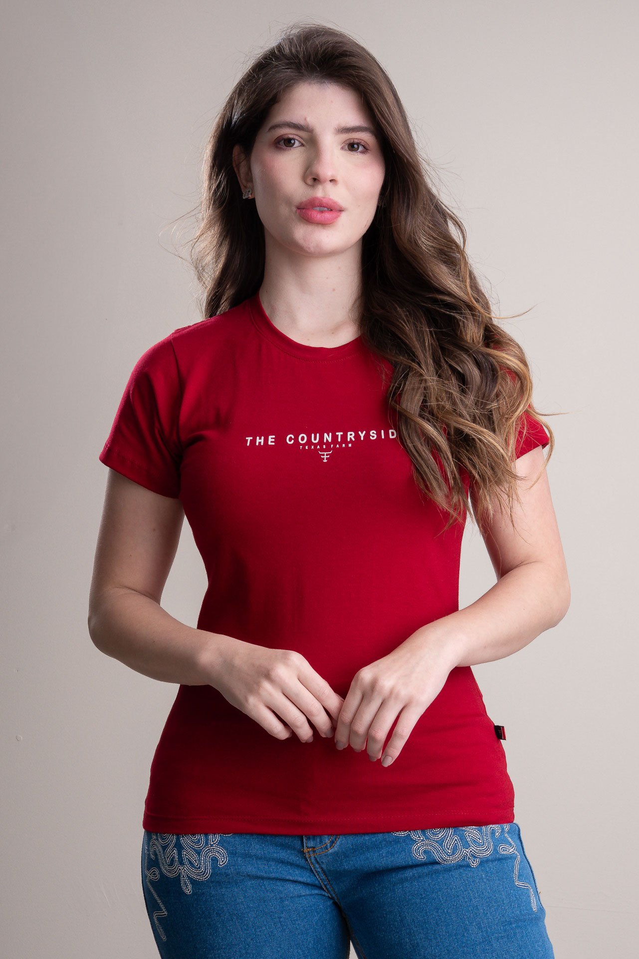 CAMISETA FEMININA TEXAS FARM - CF150 - VERMELHO CEREJA/ OFF WHITE