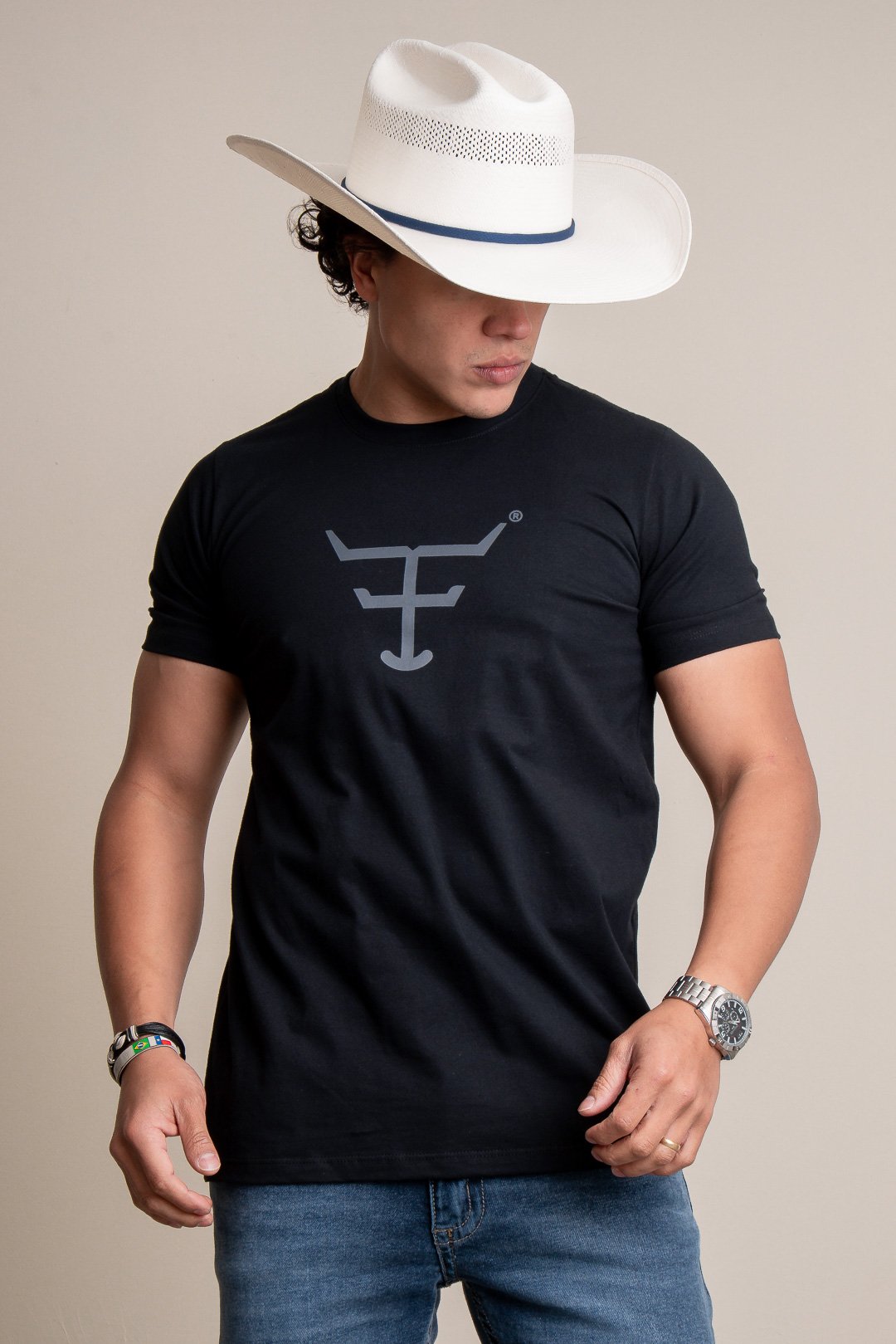 CAMISETA MASCULINA TEXAS FARM - CM589 - DO PP AO GG - PRETO/ CINZA