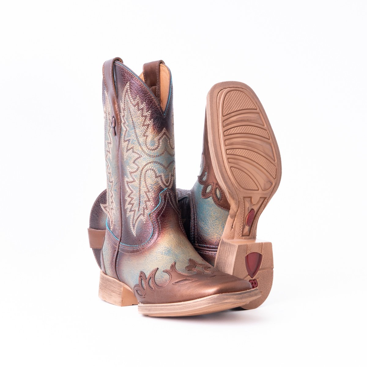 Bota Feminina Country Vimar Metal Chocolate/ Fossil Flex Azul em Couro Legítimo | Cano Médio — Edição Limitada